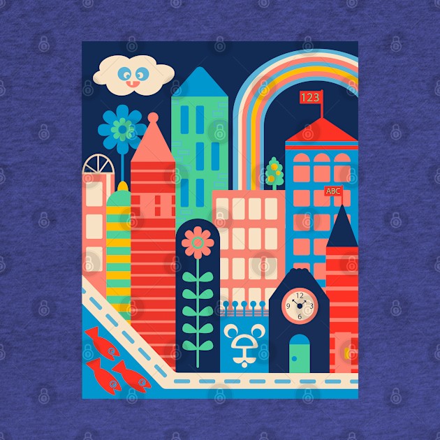 CITY KIDS Cityscape Cute Kawaii Cloud Buildings Rainbow Flower and Hidden Bear Face - UnBlink Studio by Jackie Tahara by UnBlink Studio by Jackie Tahara